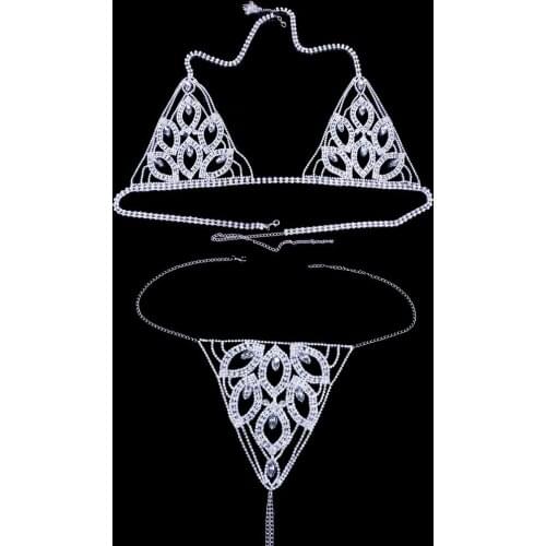 Stonefans Leaf Sexy Body Accessories Body Chain Bra Set for Women Crystal Body Jewelry Underwear Pantie Simple Waist Round thong