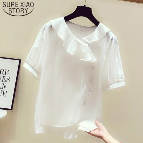 New Casual Button Solid Lotus Leaf Collar Women Tops Summer 2021 Polyester Ruffle Top Blouses Women Ladies Tops 5168 50