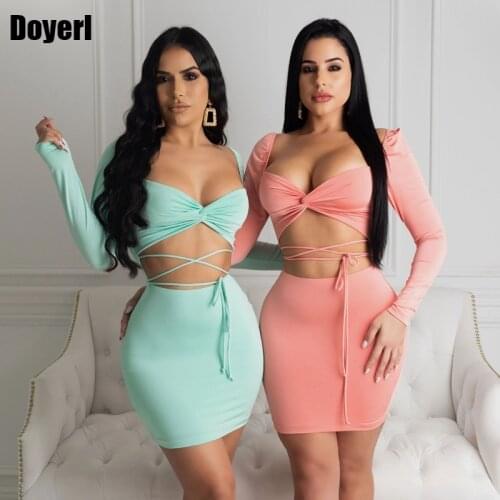 2021 Sexy Bandage Dress Women Elegant Pink Long Sleeve Hollow Out Lace Up Night Club Party Dress Short Summer Bodycon Mini Dress