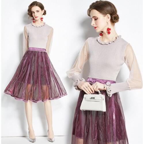 ZUOMAN Women Autumn Elegant Beading Knitted Dress Suit Set High Quality Office Party Robe Femme Vintage Designer Mesh Vestidos