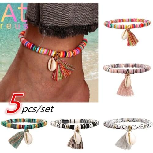 5pcs Natural Shell Anklet Set Multicolor Polymer Clay Tassel Foot Bracelet Set Polymer Clay Flat Turquoise Beads Beaded Chain