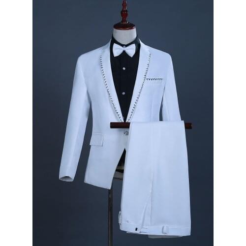 Diamond Button Men Wedding Grooms Suits 2 Piece Mens Blazer with Pants Prom Singers Stage Costume Blazers Wedding Men Suit Set