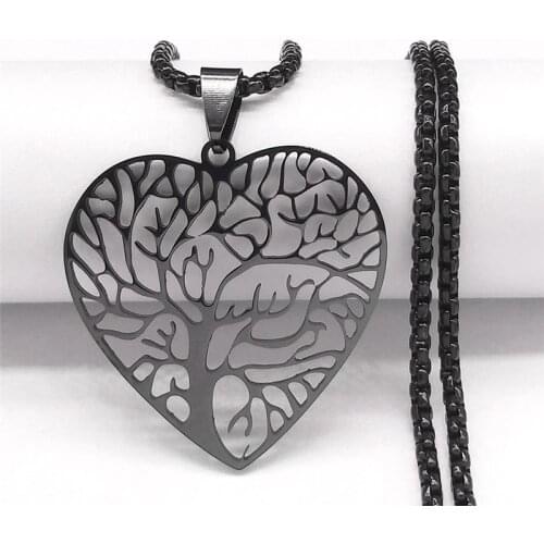 Gothic Heart Tree of Life Stainless Steel Chain Necklaces Women Black Color Pendant Necklace Jewelry collier long femme N42S03