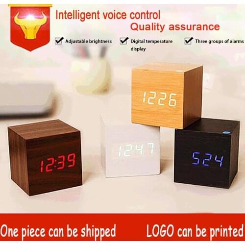 Alarm Clock Wooden Digital Electronic Smart Mechanical LED Wood Retro Glow Desktop Decor Voice Snooze Function Control Desk Home