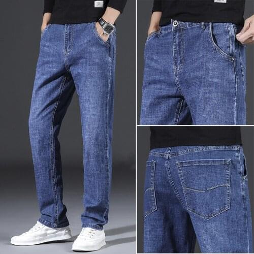 Cotton Stretch Mens Straight Loose Jeans 2021 Classic Brand Anti-theft Zipper Pocket Casual Jeans Smoky Gray Blue