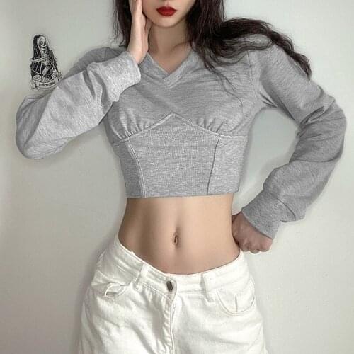 Solid Color Wild T-Shirt 2021 Female Spring Long Sleeve V-Neck Simple Lines Sexy Casual Base Crop Tops for Daily Shopping