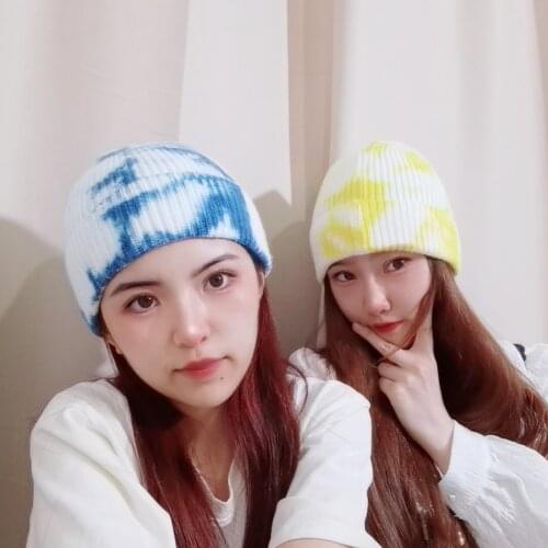 Women winter hats knited fur tie dye beanie winter hats ski streetwear hip hop casual keep warm fur hat 2021 new gorras hombre