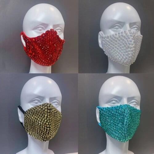 Sparkling Full Pearls Rhinestone Masks Women Men Nightclub Party Crystal Face Mask DJ Singer Dancer Sexy Performance Accessories
