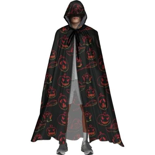 Halloween Hooded Cloak Black Pumpkin Bat Pattern Full Long Cape Adult Men Women Robe Cosplay Costume for Royalty Wizard Vampires