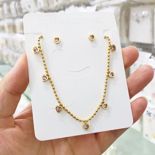 Non-Fading Stainless Steel Set Gold Women Choker Love heart gem diamond Necklaces Earrings Pendants Chain Jewelry Collare Gift