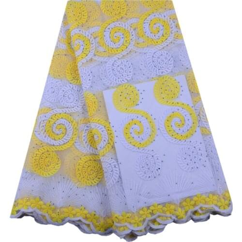 New Popular White+Yellow African Tulle Lace Fabric High Quality French Milk Silk Lace Fabric With Stones For Bridal Dress S1431