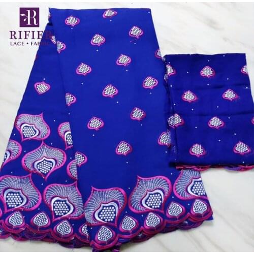 Latest Fashion 2019 Cotton Stones Embroidery Lace Fabric In Royal Blue Colour 5+2 Yards/Set Guinean Wedding Cotton Net Sewing
