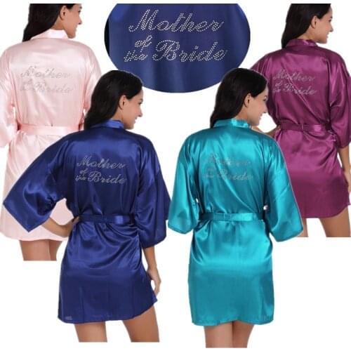 Wholesale Mother of the Bride Letter Rhinestones Women Kimino Bridesmaid Short Satin Robes for Wedding Party Getting Ready T13