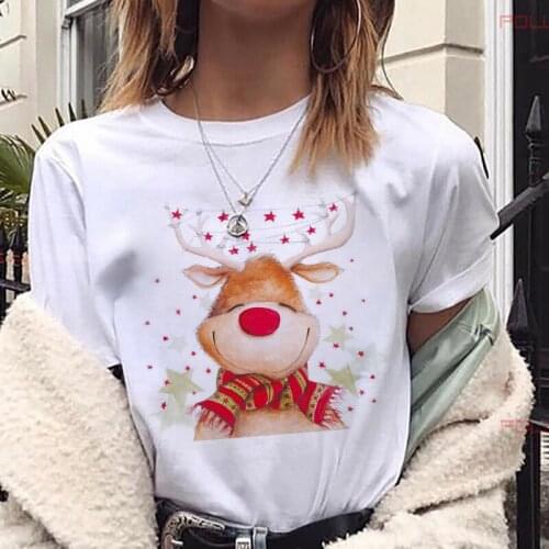 Suitable All Seasons New Lovely Deer T Shirt Harajuku Women Fashion Merry Christmas Printed Short Sleeve T-shirt White Tshirts