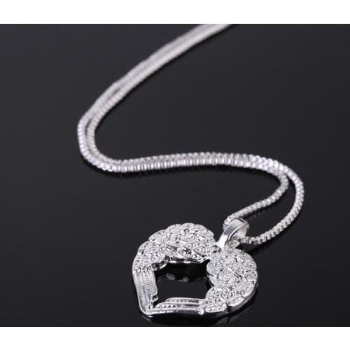 Romantic Angel Wings Silver Plated Heart Necklaces & Pendants for Women Prevent Allergy Lady Cubic Zirconia Crystal PartyJewelry