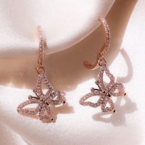Huitan New Romantic Rose Gold Color Butterfly Women Drop Earrings Inlaid Crystal Zircon Female Fashion Earring Jewelry Hot Sale