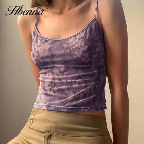 Hbenna Purple Mesh Crop Top Women Camis Sexy Print Vintage Skinny Tank Top Lady Elegant Elastics Sleeveless Mesh Summer Top2021