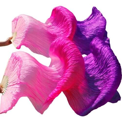 100% Silk Belly Dance Fans 1pc Left hand+1pc Right hand Handmade Dyed Belly Dance Silk Long Fans Gradient Pink+Rose+Purple Fans