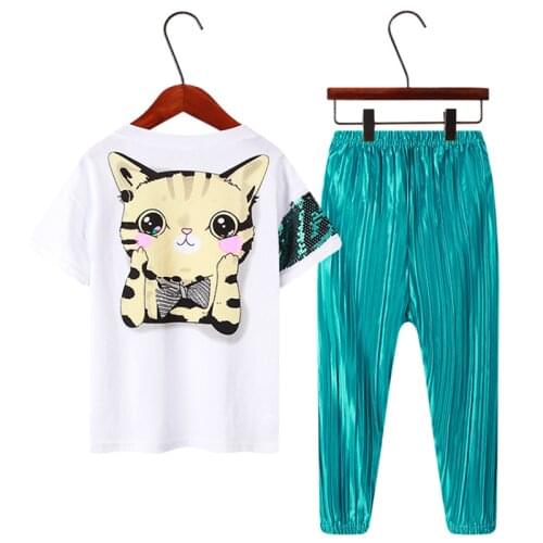 Spring And Summer Short-Sleeved Trousers Two-Piece Girl Fashion Outer Wear Cute Party Casual Sequin Suit