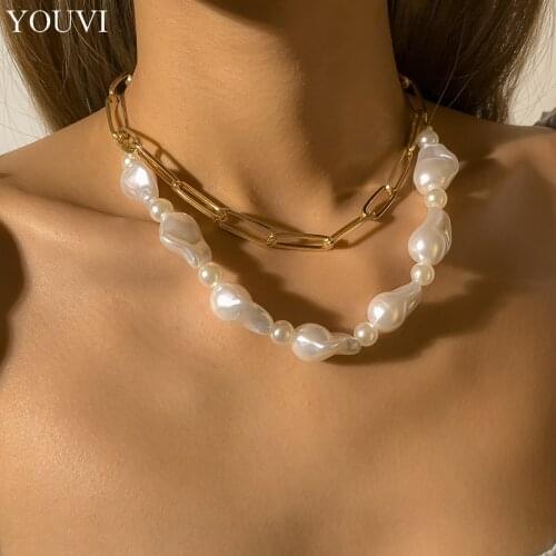 YOUVI Goth Cuban Chains Choker Necklace for Women Men Baroque Pearl Beads Chains Layered Necklace Charms Jewelry Party Collar