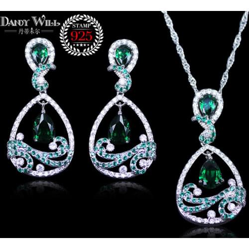 Silver color Stamp Bridal Jewelry Green Cubic Zircon Jewelry Sets For Women Earrings/Pendant/Necklace