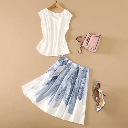 High Quality New Runway Skirt Suits 2021 Summer 2 Piece Set Women Sleeveless White Tops+Vintage Ink Painting Print A-Line Skirt