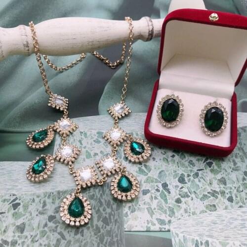 Womens Party Banquet Jewelry Collar Pendant Necklace Green Teardrop Charm Rhinestones Accessories