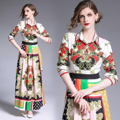 2019 Spring Summer Fall Runway Floral Print Collar Long Sleeve Empire Waist Women Ladies' Party Casual A-Line Maxi Beach Dress