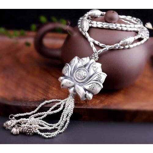 Thai silver handmade DIY necklace for woman 999 silver lotus bergamot six-word mantra sweater chain womans silver necklace S925