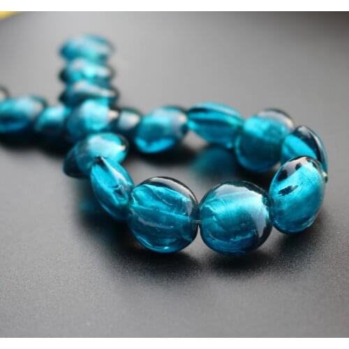 10Pcs 15.5mm Round Flat Lampwork glass beads Foiled Teal blue color for jewelry Making