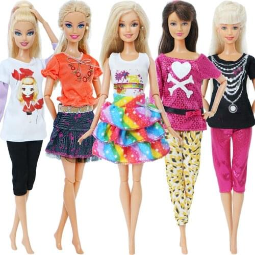 5 Pcs Sweet Outfits Lady Casual Wear Mixed Style T-shirt Blouse Pants Trousers Skirt Clothes for Barbie Doll Accessories Toy