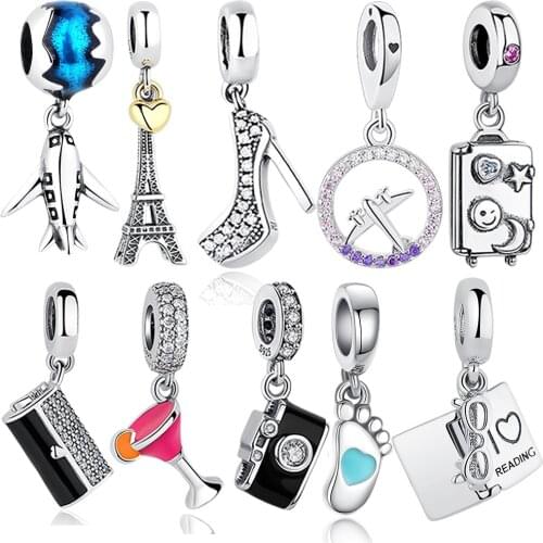 Authentic 925 Sterling Silver Bead Heart Tower Travel Plane Suitcase Shoe Pendant Charms Fit Women Bracelet DIY Jewelry Making