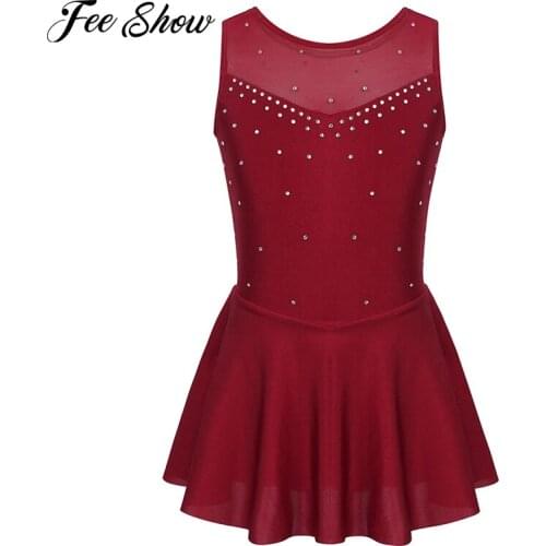 Kids Teens Sparkly Rhinestone Tulle Sleeveless Figure Skating Dress Ballet Dance Costume Gymnastics Leotard Girls Dance Wear