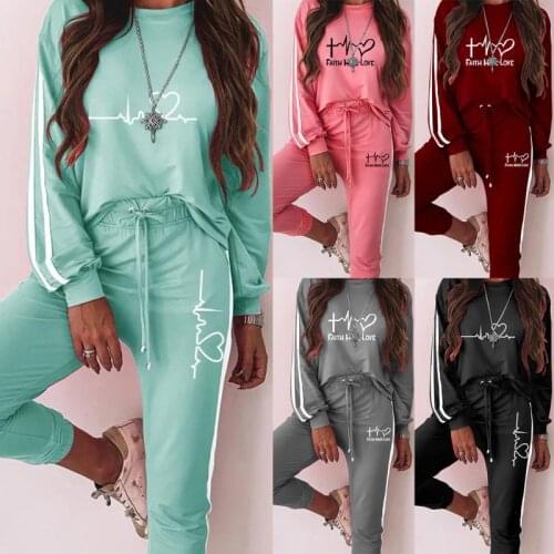 Brand 2 Piece Set Spring Summer Tracksuit Womens Striped Loose Sweatshirts+Pants Clothing Suit Ladies Printed Sportswear Suit