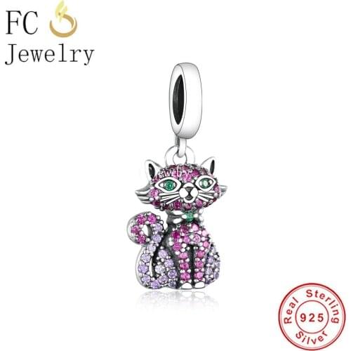 FC Jewelry Fit Original Charm Bracelet Necklace 925 Silver Shining Pink Purple Zircon Cat Bead For Making Women Berloque 2021