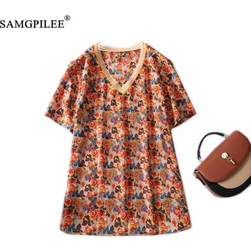 Tshirts Oversized Small Flowers Ol Style Thin Summer Korean Fashion V-neck Chiffon Short-sleeved T-shirt 2021 New Women Clothing