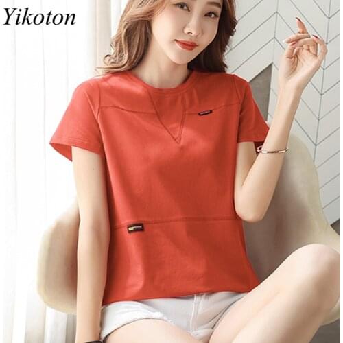 T Shirt Ladies Summer Solid Cotton Casual Letter T-shirt Bright line Slim Short Sleeve O-Neck Stitching Plus Size Women Tee Tops