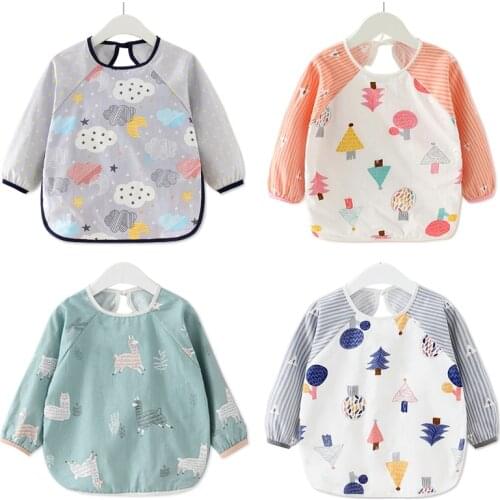 Cotton Waterproof Cartoon Long Sleeve Baby Bibs Reversible Bandana Bibs Children Eating Drawing Apron Baby Feeding Burp Cloth