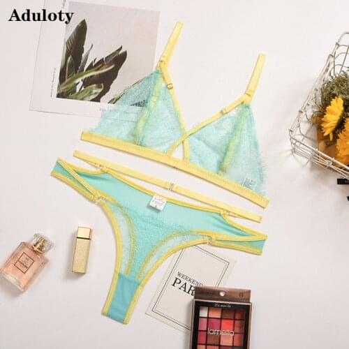 Aduloty New sexy womens thin mesh see-through lace underwear set comfortable wire free bra set erotic lingerie thong set