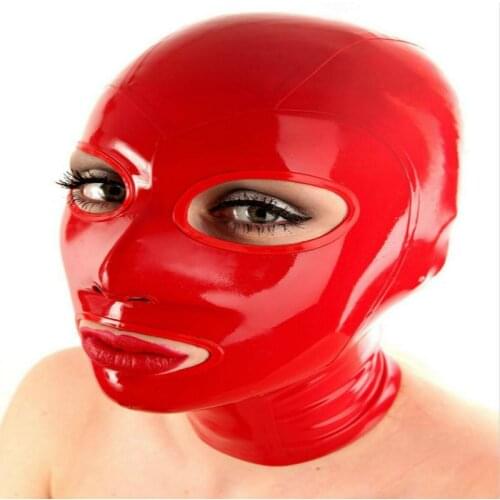 Unisex Red Latex Hoods Mask Cosplay Party Wear Rubber Open Eyes Mouth with Back Zipper