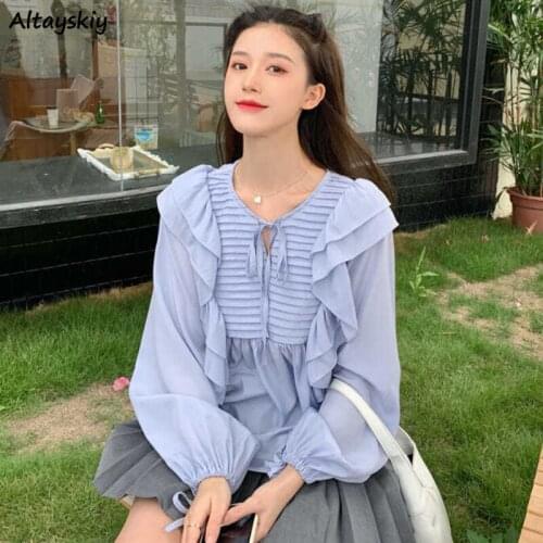 Lovely Women Blouse Blue Summer Stylish Ruffles Long Sleeve Tops Blusas Lace-up All-match Tender French Style Romantic Vintage