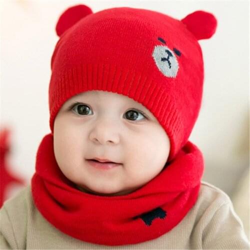 New Hooded Scarf Ear flap Knitted Cap Hats Warm Bear Round Machine Cap Protects Ear Bonnet Baby Cute Winter Caps Scarf Suits