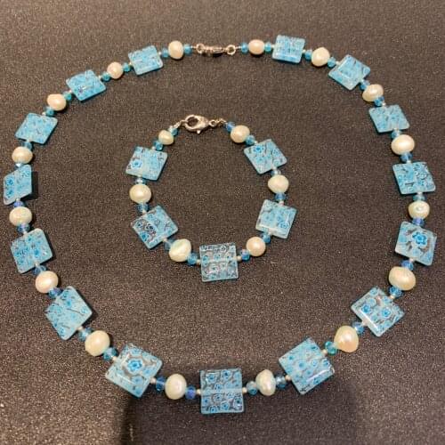 Light blue color natural fresh water pearl and coloured glaze mixed necklace and bralcelet jewelry set fashion women jewelry