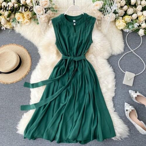 Neploe French Style 2021 New Summer Hollow Out O-neck Office Lady Women Dresses Solid Sashes Sleeveless Tank Dress 82030