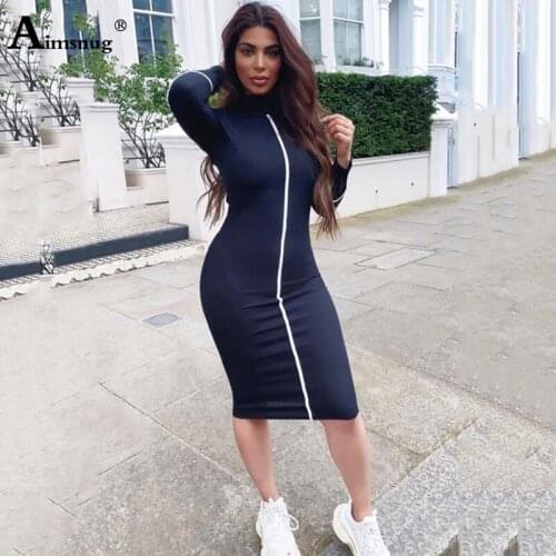 Sexy Contrast Line Long sleeved Slim Bag Hip O-neck Knee-Length Female Dress Black 2019 New Autumn Casual Women Bodycon dress