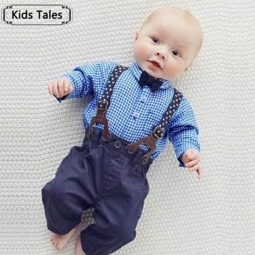ST274 Spring Cotton Gentleman Baby Boys Clothes Clothing Sets Plaid Long Sleeve Bow tie Shirt +Suspenders Pants 2pcs Clothes