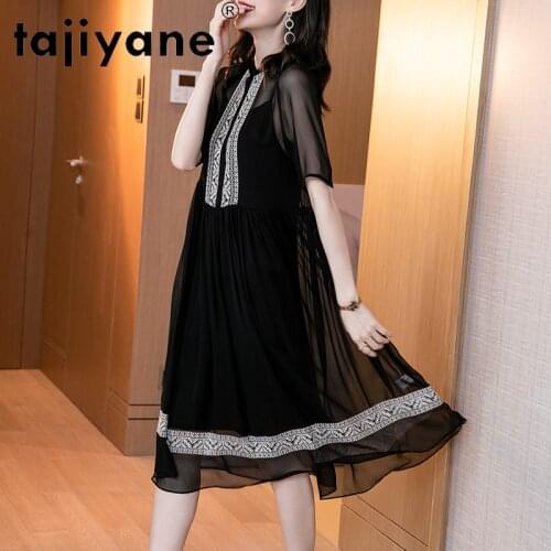 Tajiyane Black Dresses for Women Summer Dress 100% Real Silk Womens Clothing Elegant Genuine Silk Dresses Robe Femme TN2571