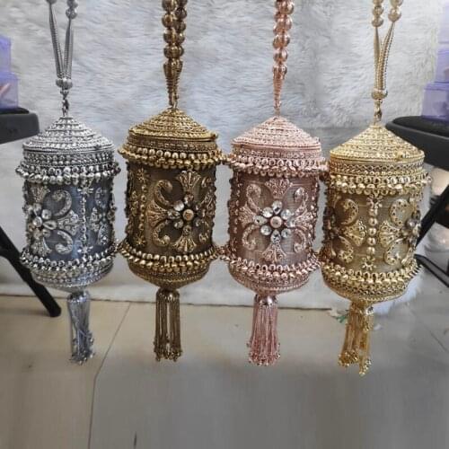 DOYUTIG New Style Womens Indian Metal Cylindrical Wedding Bag Beaded Handmade Tassel Bucket Evening Bags Lady Handbags F814