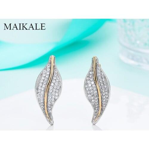 MAIKALE New Fashion Small Gold Leaves Stud Earrings Simple Micro Inlay Cubic Zirconia Earrings for Women Jewelry Brincos