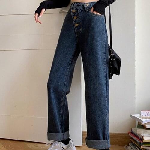 Women Casual oversized Wide Leg Denim Pants 2021 High Waist Boyfriend Style Jeans Loose Straight Mom Chic Korean Blue Trousers